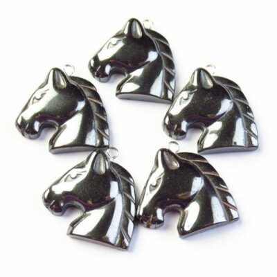 5pcs 25x25x6mm Carved Black Hematite Horse Head Pendant Bead 520TS