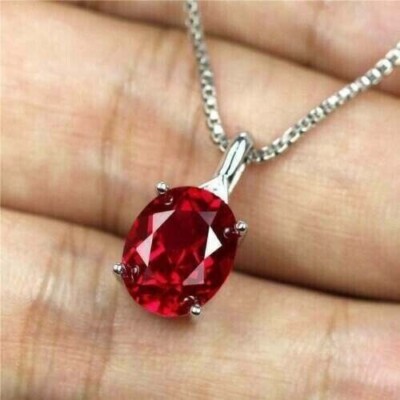 3Ct Oval Cut Red Ruby Solitaire Pendant 14K White Gold Plated 18'' Free Chain
