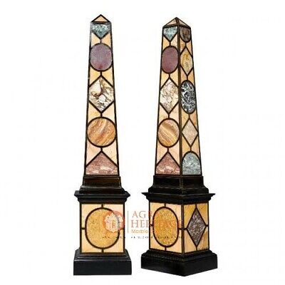24" Pair of Black Marble Obelisks Specimen with Italian Pietre Dure Mosaic E522