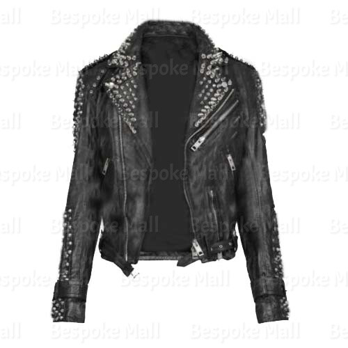 Pre-owned Handmade Men Black Punk Unique Full Silver Spiked Studded Cowhide Leather Jacket-799