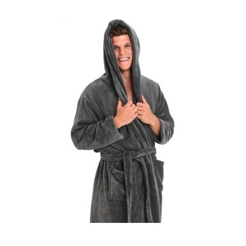 Men's Hooded Steel Bathrobe Gray Fleece Small Medium Full Length Spa Robe Micro