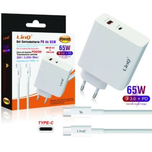 Caricabatteria Alimentatore Con Cavo Type-C Tipo C Qc 3.0 PD 65W Linq PD6502
