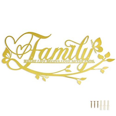 Family Where Life Begins Love Never Ends Word Sign Metal Wall Decor, 17.5'' Gold