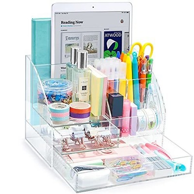  Acrylic Desk Organizer with 2 Drawers Office Desktop Accessories Clear