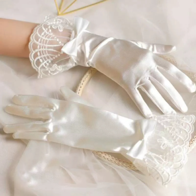 Wedding Date White Satin Lace Short Gloves Ladies Bride