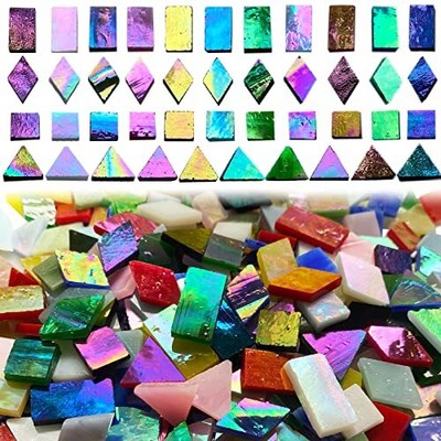 510 Pieces Iridescent Glass Mosaic Tiles for Crafts, Mixed 4 Shapes Colorful