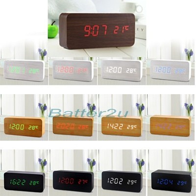 Sound Control Wooden USB/AA LED Digital Alarm Desk Clock Calendar Thermometer