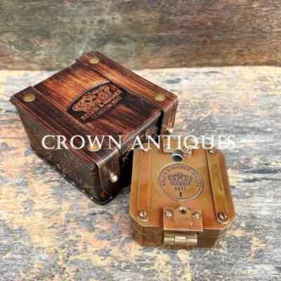 Antique Vintage Brass Solid Kelvin &Hughes 1917 Brunton Compass With Leather Box