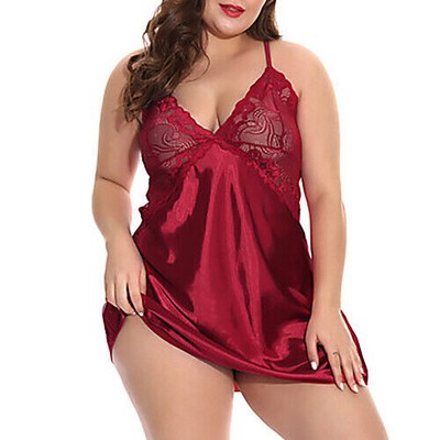 Plus Size Sexy Lady Satin Silk Lace Sheer Sleepwear Babydoll Lingerie Nightdress
