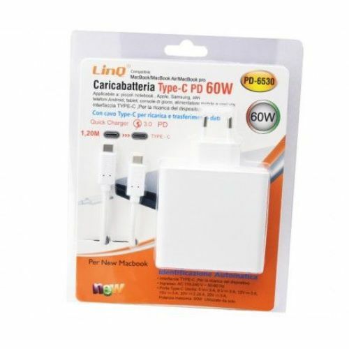 Caricabatteria Alimentatore Type-C Tipo C PD 60W Con Uscita Usb Linq PD-6530