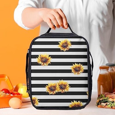 Sunflower Floral Lunch Bag Black And White Stripes Lunch Box Summer Insulated...