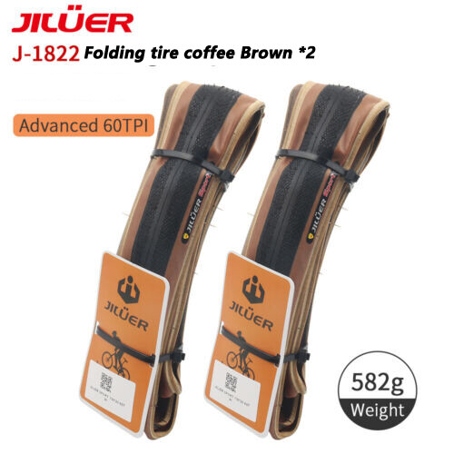 2xJILUER Road Bike Tires Folding Tires PAIR 700x28c 60 TPI Black / Coffee Brown