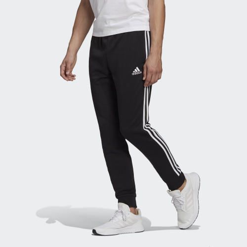 Брюки Adidas Essentials French Terry Tapered Cuff с 3 полосками ЧЕРНЫЙ/БЕЛЫЙ GK8831