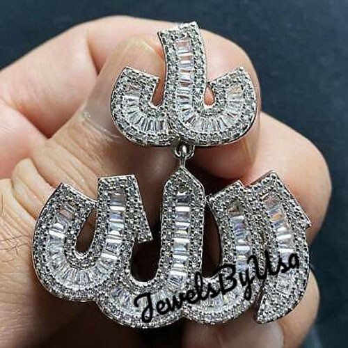 Pre-owned Nsg Men's Baguette Moissanite 3d Allah Charm Pendant 4ct White Gold Plated Silver