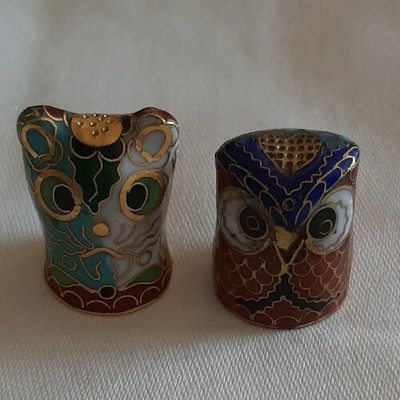 Fingerhüte Fingerhut Cloisonne 2 Vögel Eulen Eule Messing Metall Emaille