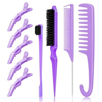 Slick Back Hair Brush Set,  Nylon Bristle Hair Brush Teasing Comb 9pcs Purple