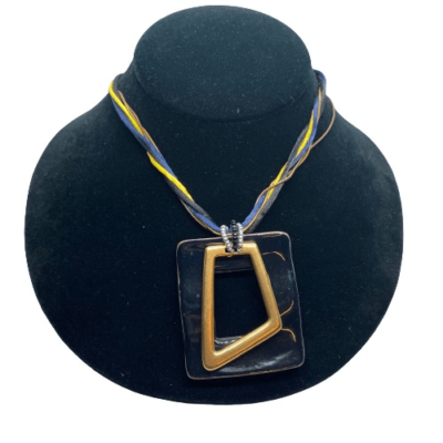 Chico s 16 19 Navy Blue Yellow Black Multi Strand Nylon Cord Pendant Necklace