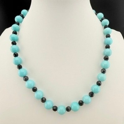 STONE Necklace Aqua Blue Black Beaded Toggle Clasp Retro 80s