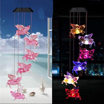 Flying Pigs Solar Wind Chime Waterproof Outdoor Color Changing LED Lights