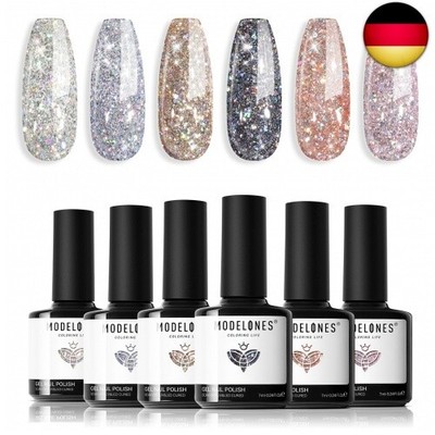 modelones UV Nagellack Glitzer, 6 Farben Silber Rosa Gel Nagelgel Set,