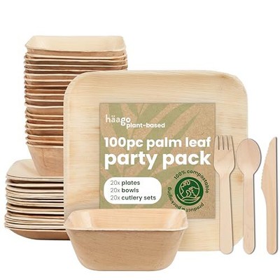 100 Pack Palm Leaf Party Tableware for 20 Guests | 20 Square Plates 9'' + 20 B...