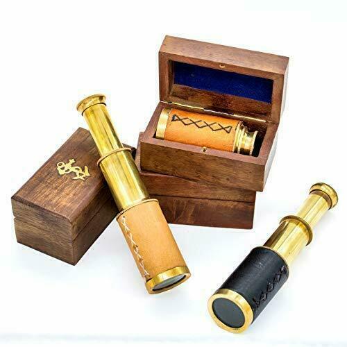 Nautical Brass Mini Telescope with Wooden Box Spyglass Pocket Pirate Gift