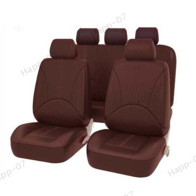 9Pcs Car PU Leather Universal Truck SUV Seat Cover Coffee Full Set Protector
