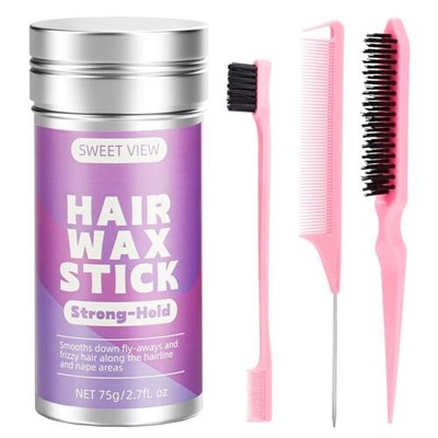 Hair Wax Stick & Slick Back Brush Set Flyaway Taming and Ponytail Smoothing A...