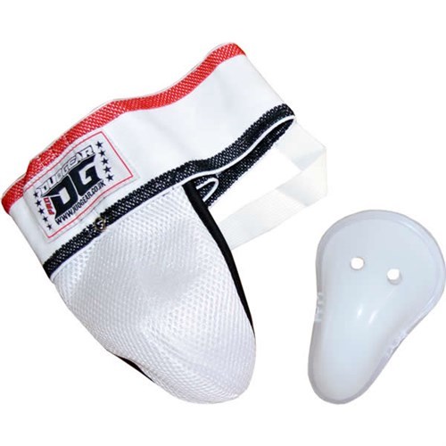 WHITE MUAY THAI MMA GROIN GUARD ELASTICATED PLASTIC PROTECTIVE CUP