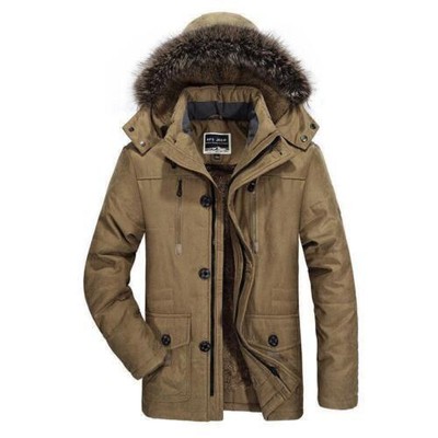Mens Thicken Warm Pocket Jacket Hooded Fur Collar Outdoor Parka Coat