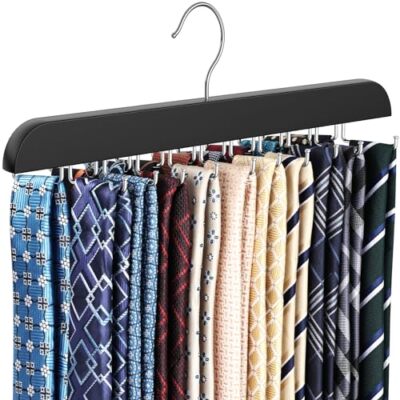 Upgraded Tie Rack Hanger with 20 Foldable Metal Hooks, Space Saving 1 Black