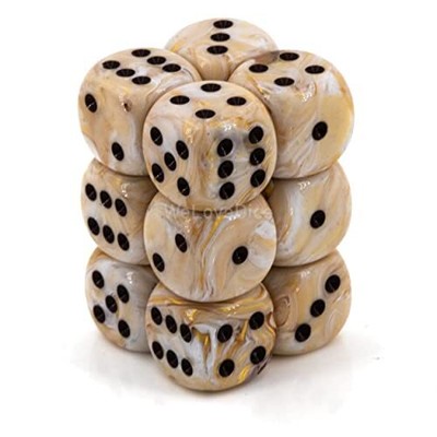 Chessex Dice d6 Sets Marble Ivory with Black - 16mm Six Sided Die 12 Block of...