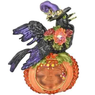 KIRKS FOLLY MS. CROW OVER GODDESS SEAVIEW MOON PUMPKIN PIN PENDANT GOLD TONE
