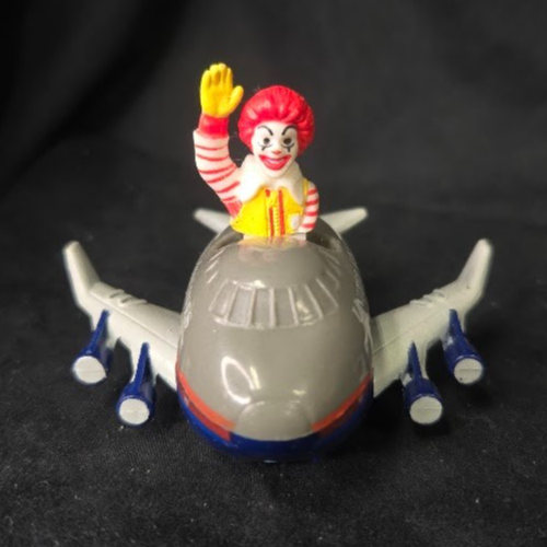 1991 RONALD IN UNITED AIRLINES AIRPLANE McDonald's Blue & Grey Plane Push Toy