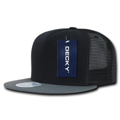 5 Panel Flat Bill Trucker Hat - Black. Gray, Acrylic (Decky 1063-BLKDGRY, New)