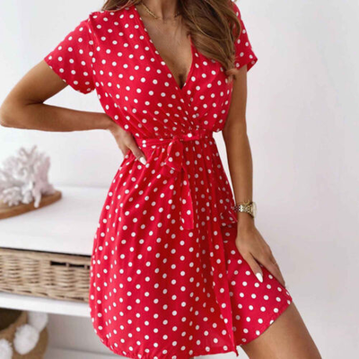 Women V Neck Mini Dress Polka Dot Sundress Beach Casual Holiday