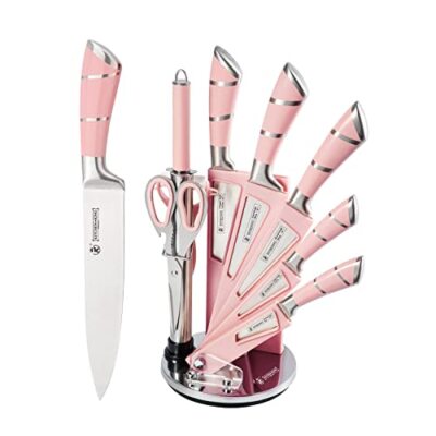 Retrosohoo Kitchen Knife Set 9-Pieces Pink Sharp Non-Stick Chef Knives Block