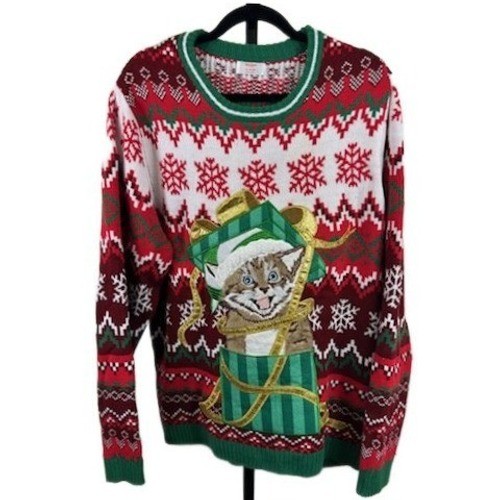 Holiday Time Men's Size XL Ugly Christmas Cat Sweater Gift Snowflake pattern