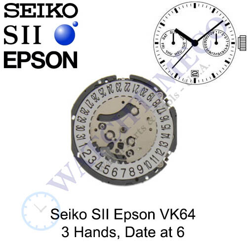 Genuine Seiko SII Epson VK64 Watch Movement Japan 3 Hands, Date at 6の