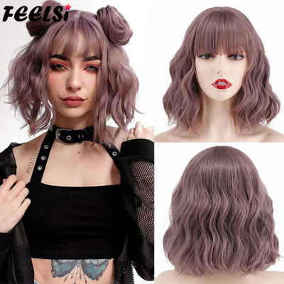 Short  Bob Synthetic Wigs Black Pink Blonde Omber Wavy Wig Dark Roots with Bangs