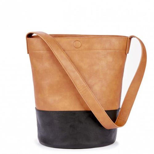 Monogrammed Vegan Leather Bucket Tote Closure Cognac Black 2-Tone High-End Look