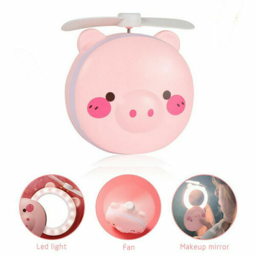 Specchio Specchietto Con Led Ventilatore Maialino Portatile Borsa Trucco cir