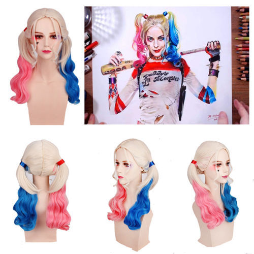 18 Suicide Squad Harley Quinn Wig Curly Blonde Pink Blue Mixed