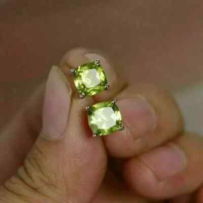 3Ct Cushion Peridot Lab Created Solitaire Stud Earrings 14k White Gold Plated