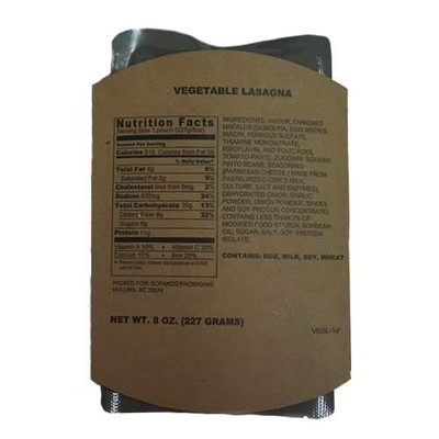 MRE TEN Vetetarian Lasagna Main Course Deal $28.99 -camping food rations hunting