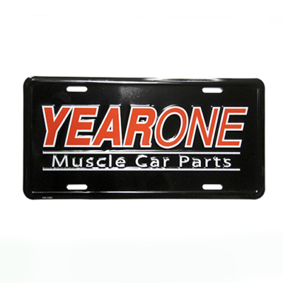 YearOne Muscle Car Parts license plate. Black background with Red and White embo
