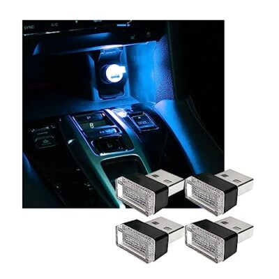 4Pack Ice Blue Mini USB LED Car Interior Ambient Atmosphere Lights for Most Cars