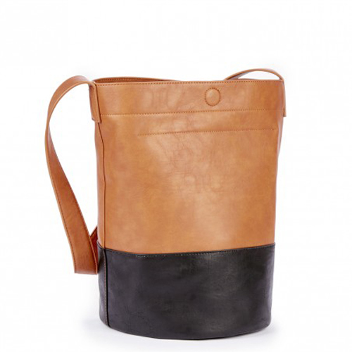 Monogrammed Vegan Leather Bucket Tote Closure Cognac Black 2-Tone High-End Look
