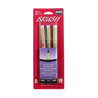 Sakura Pigma Brush Marker Black Archival Ink 3/Pk No Bleed Arts Cartoon Callig.