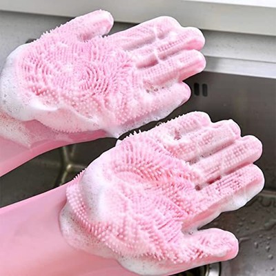 Cleaning Gloves For Dishwashing Reusable Silicone Gloves With Brush Scrubber For